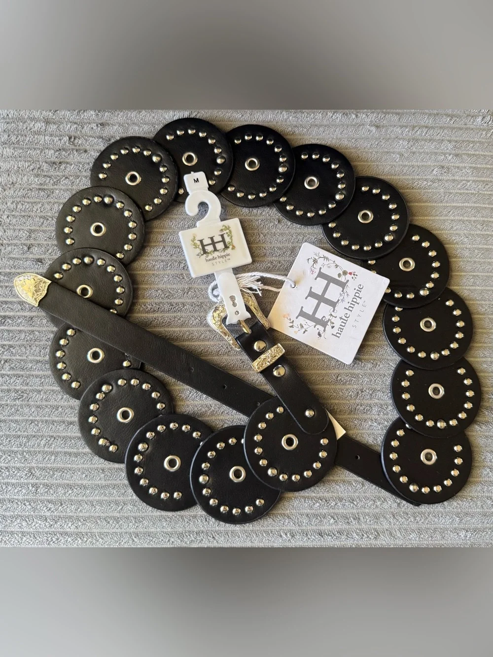 Haute Hippie Black Fauc Leather Circle Stud Belt with Silver Hardware New